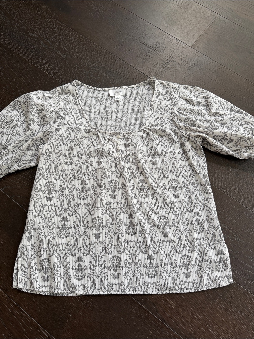 LOFT White Scoop Neck Blouse with Gray Print